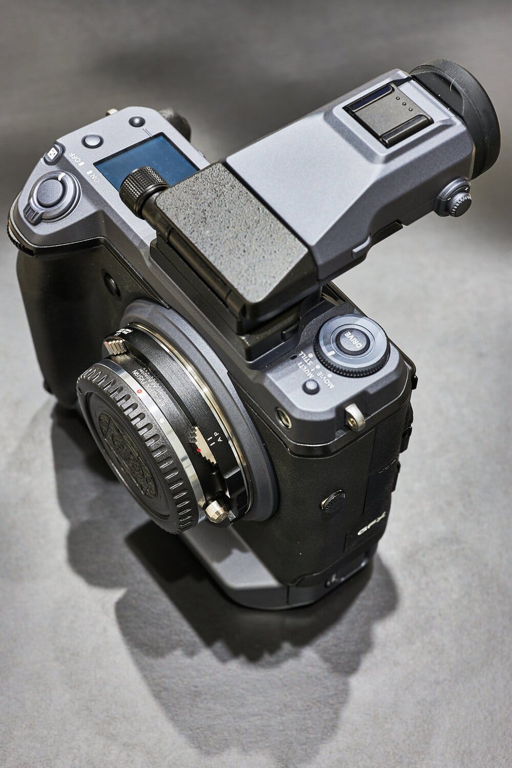 Canon EF lens adapted to the Fujifilm GFX 100 with the Fotodiox Pro adapter