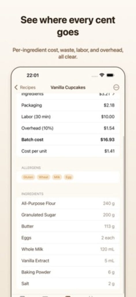Bake Margin recipe costing on iPhone, breaking a vanilla cupcake batch into ingredients, packaging, labour and overhead with a cost per unit