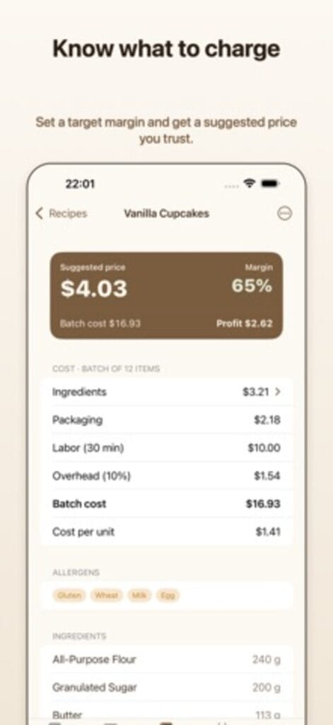 Bake Margin pricing on iPhone, suggesting $4.03 per unit at a 65 percent margin with the batch cost and profit shown
