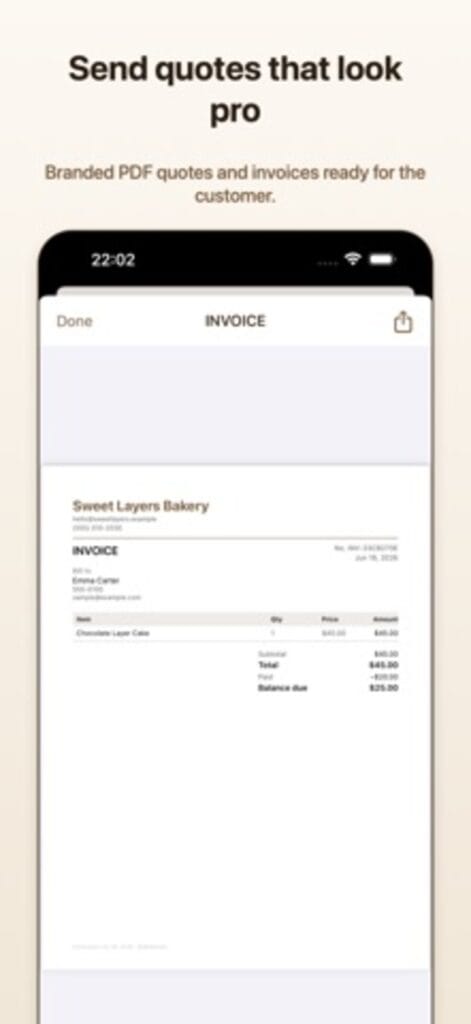 Bake Margin invoice on iPhone, a branded PDF invoice for a chocolate layer cake ready to send