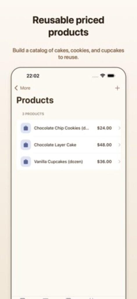 Bake Margin product catalogue on iPhone, listing priced products including cookies, a layer cake and cupcakes