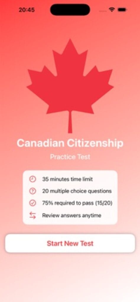 Canadian Citizenship Questions start screen on iPhone, showing a 35 minute limit, 20 questions and a 75 percent pass mark