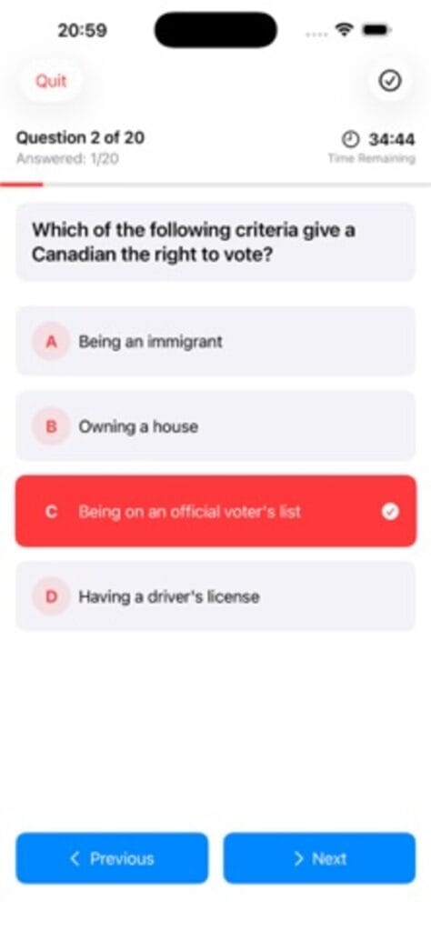 Canadian Citizenship Questions on iPhone, answering a multiple choice question about the right to vote with a countdown timer