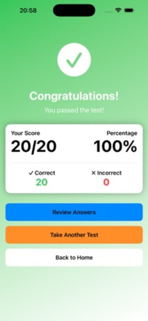 Canadian Citizenship Questions results screen on iPhone, showing a passing score of 20 out of 20