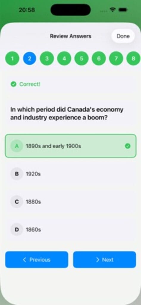 Canadian Citizenship Questions answer review on iPhone, marking a question about Canada's economic boom as correct