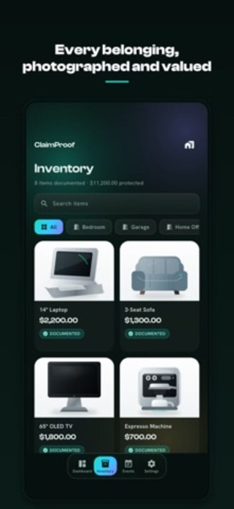 ClaimProof inventory on iPhone, with photographed items including a laptop, sofa, television and espresso machine and their values