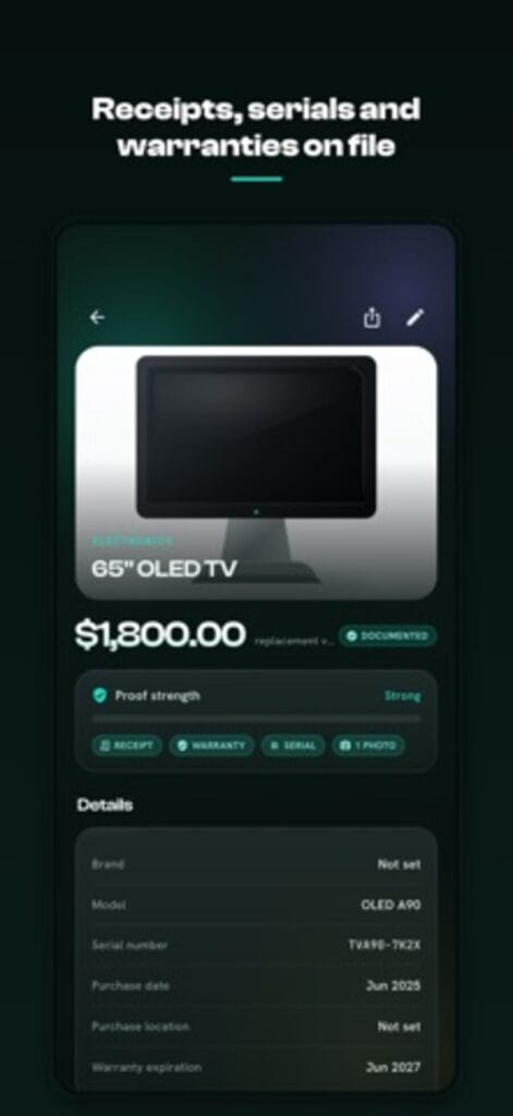 ClaimProof item detail on iPhone for a 65 inch OLED television, with receipt, warranty, serial number and photo attached