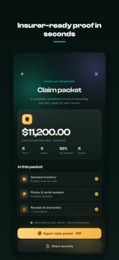 ClaimProof claim packet on iPhone, bundling itemised inventory, photos, serial numbers, receipts and warranties for export as a PDF