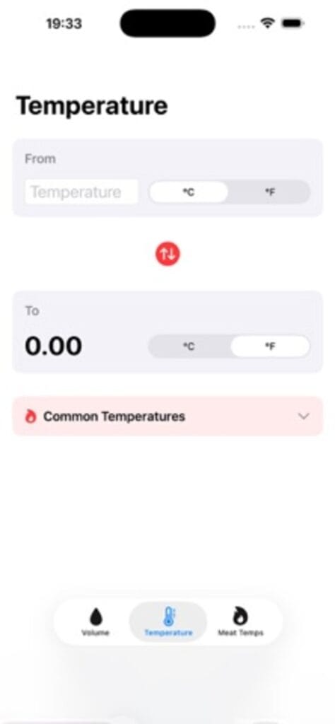 Cooking Units temperature converter on iPhone, switching between Celsius and Fahrenheit