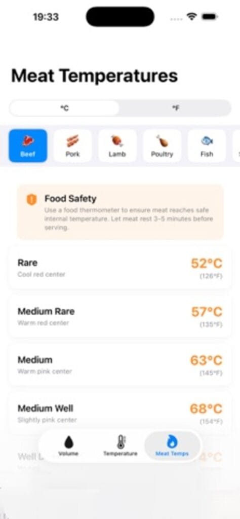 Cooking Units meat temperature chart on iPhone, listing safe internal temperatures for beef from rare to medium well