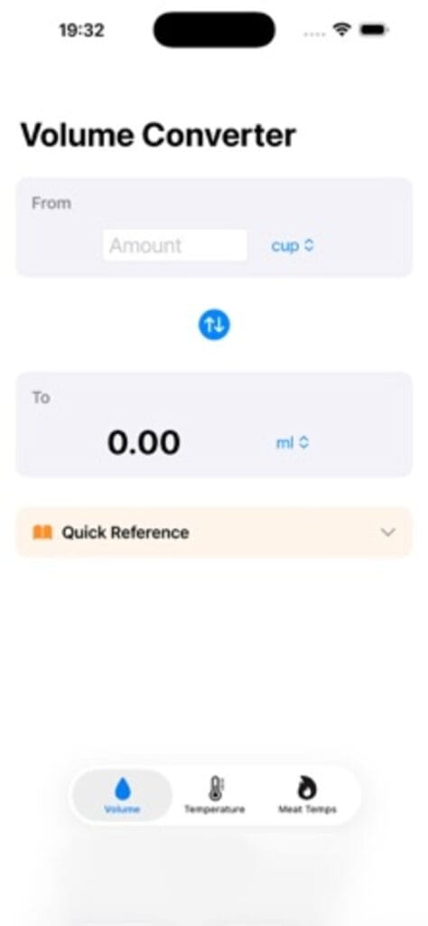 Cooking Units volume converter on iPhone, converting cups to millilitres with a quick reference panel