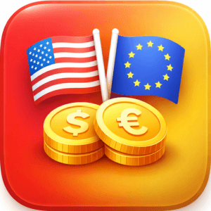Currency Exchange Offline app icon, American and European Union flags with dollar and euro coins