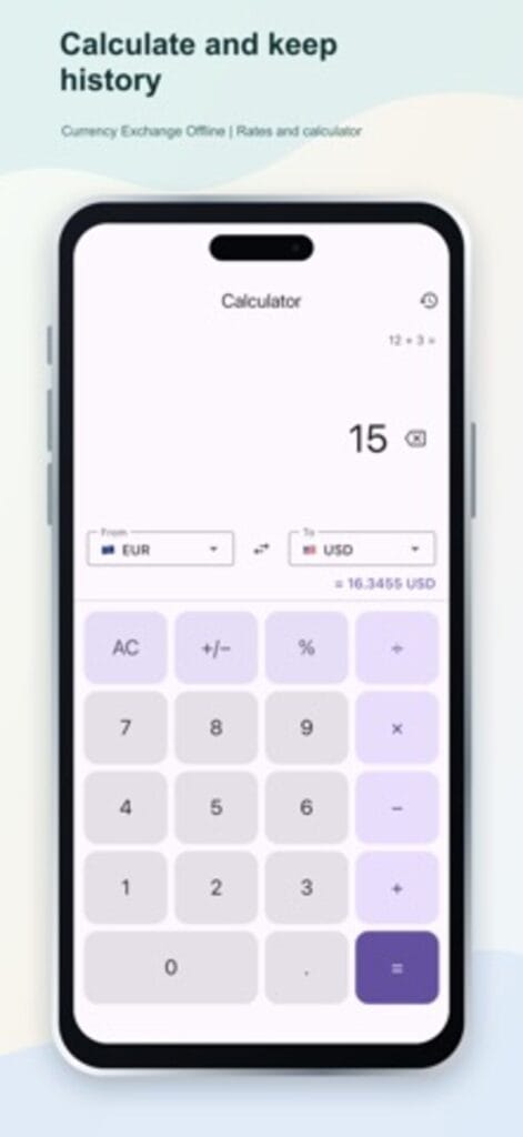 Currency Exchange Offline calculator on iPhone, converting a calculated total from euros to US dollars