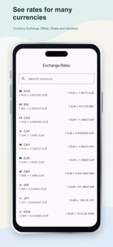 Currency Exchange Offline rates list on iPhone, showing saved rates for Australian dollars, Brazilian real, Canadian dollars and more