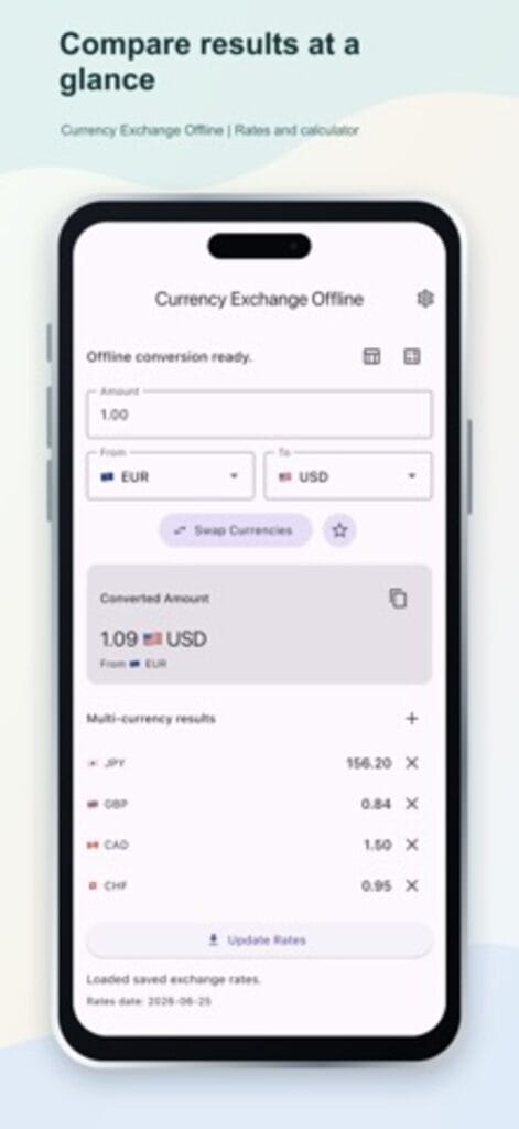 Currency Exchange Offline on iPhone converting one euro into US dollars with multi-currency results for yen, pounds, Canadian dollars and francs