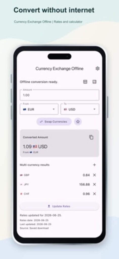 Currency Exchange Offline on iPhone showing the saved rate date and source, with an update rates button