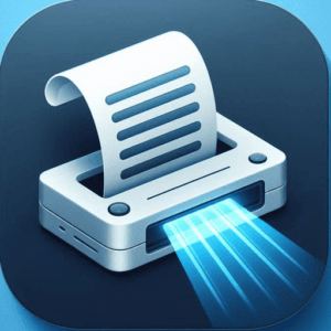 Document Scanner app icon, a white scanner emitting blue light