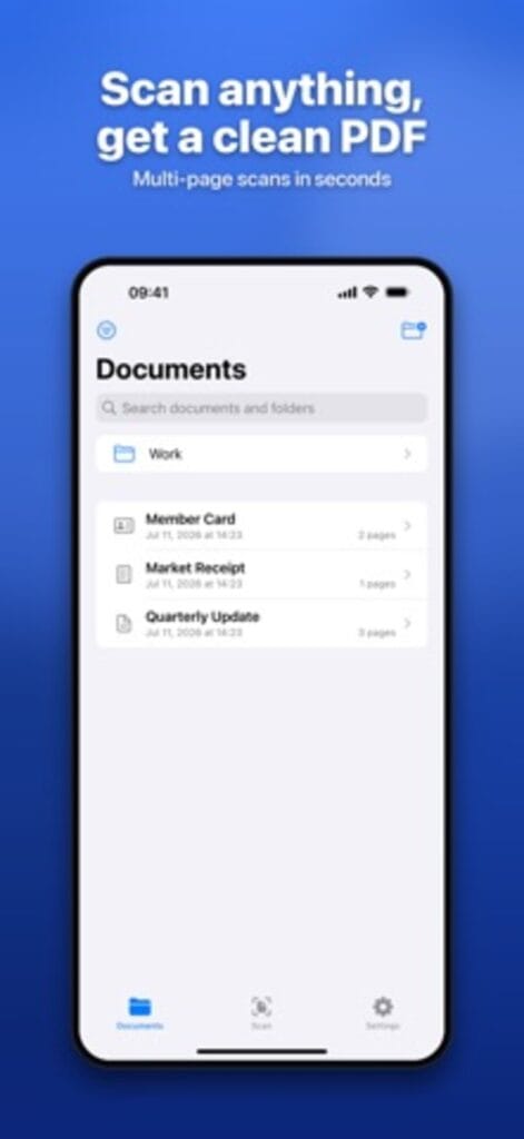 Document Scanner on iPhone listing scanned documents and folders with page counts