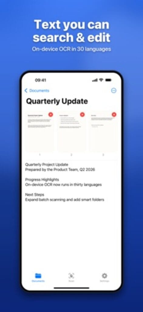Document Scanner on iPhone showing a three page scan with the recognised text below it