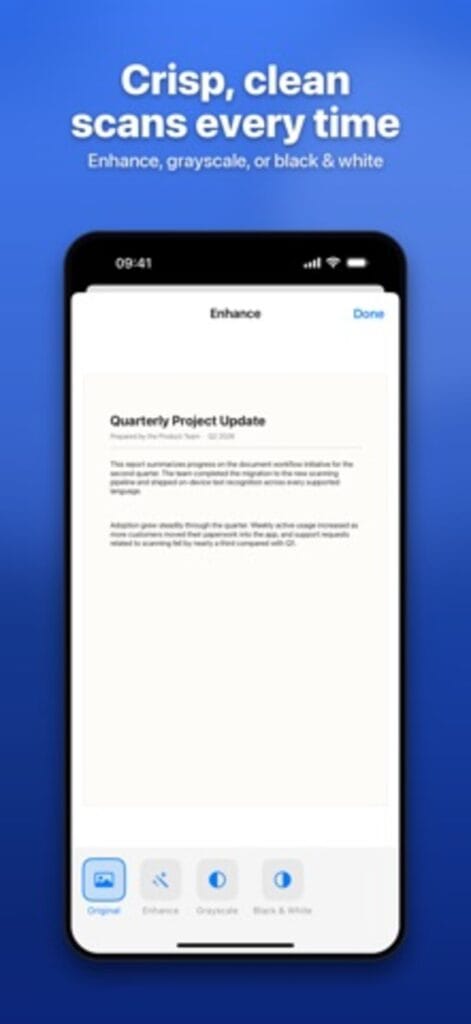 Document Scanner enhance screen on iPhone, with original, enhance, greyscale and black and white filters