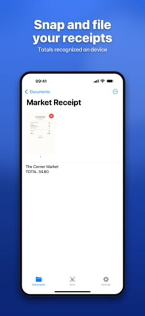 Document Scanner on iPhone with a scanned market receipt and its recognised total