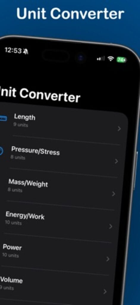 Engineering Units Converter on iPhone listing categories including length, pressure and stress, mass and weight, energy and work, power and volume