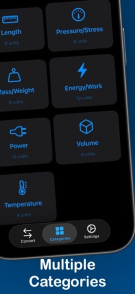 Engineering Units Converter category grid on iPhone, with unit counts for each category