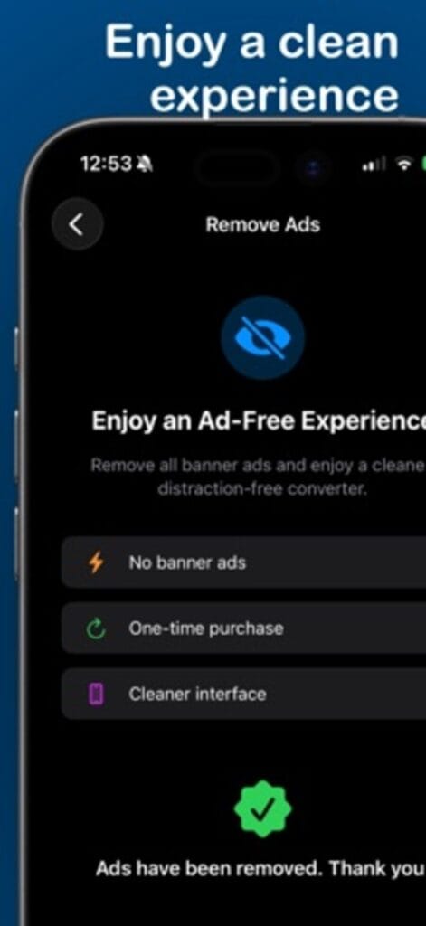 Engineering Units Converter on iPhone showing the one time purchase that removes banner ads