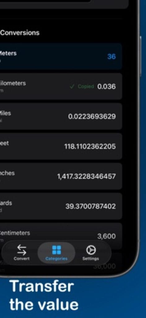 Engineering Units Converter results on iPhone, converting 36 metres to kilometres, miles, feet, inches, yards and centimetres at once