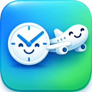 Event Tracker app icon, a smiling clock beside a plane on a teal background