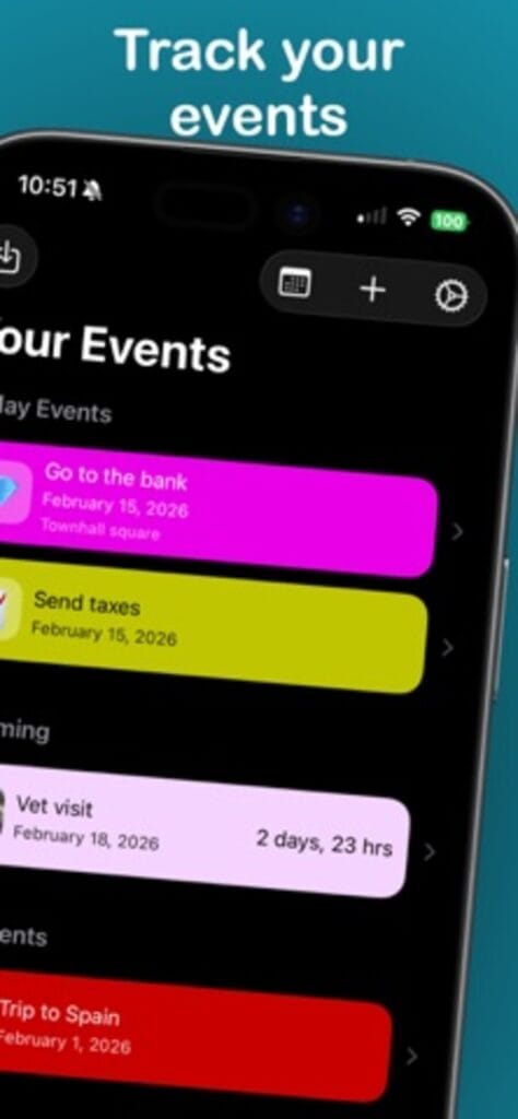 Event Tracker on iPhone listing colour coded events with dates and countdowns