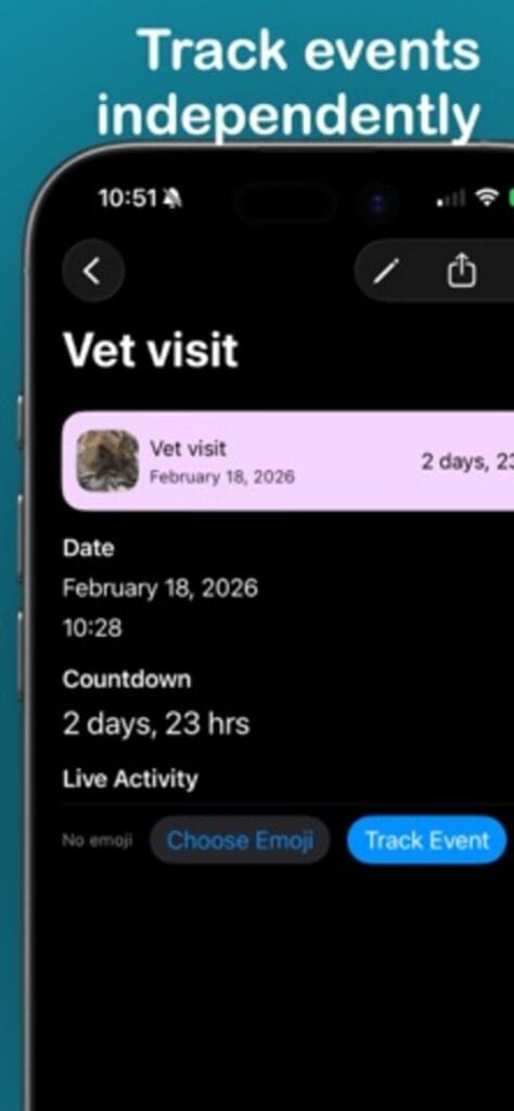 Event Tracker event detail on iPhone for a vet visit, with a two day countdown and a Live Activity toggle