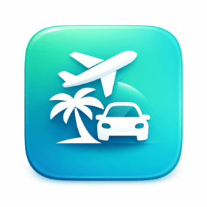 Group Expenses app icon, a plane, palm tree and car on a teal background