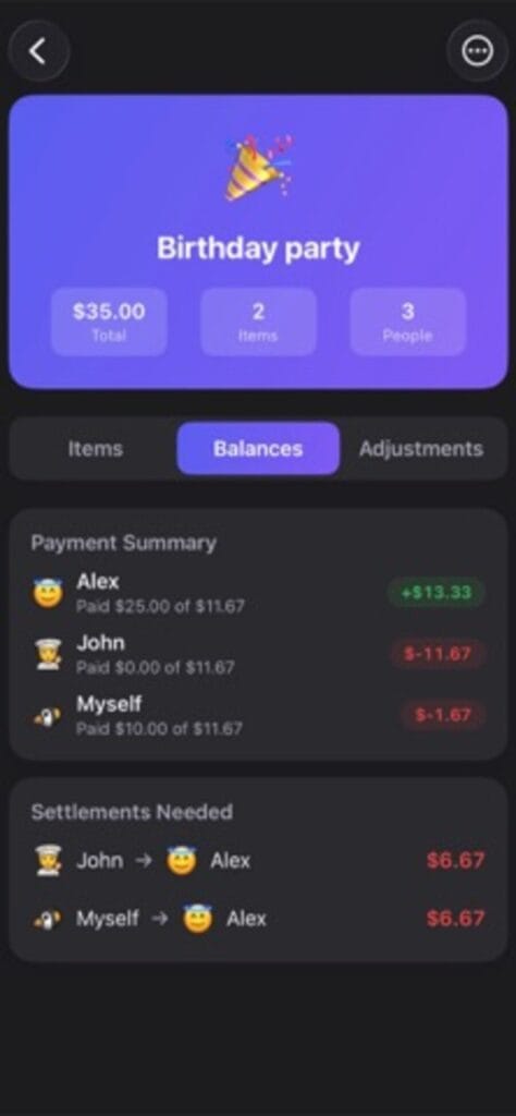 Group Expenses balances on iPhone for a birthday party, showing who paid what and the settlements needed