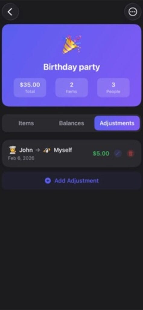 Group Expenses adjustments on iPhone, with a $5.00 adjustment from John to Myself