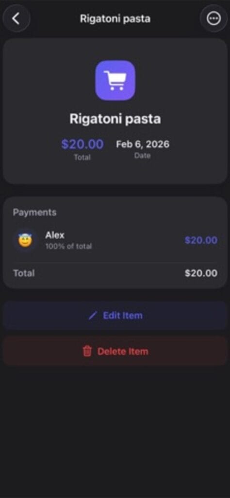 Group Expenses item detail on iPhone for $20.00 of rigatoni pasta paid entirely by one person