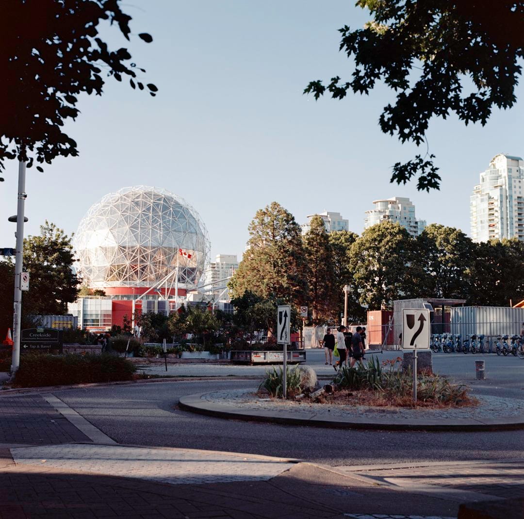 8x10 large format photograph of Science World, Vancouver, on negative film