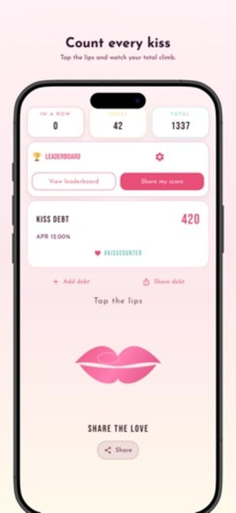 Kiss Counter on iPhone showing a total of 1337 kisses and 42 today, with a kiss debt tally and a tappable lips button
