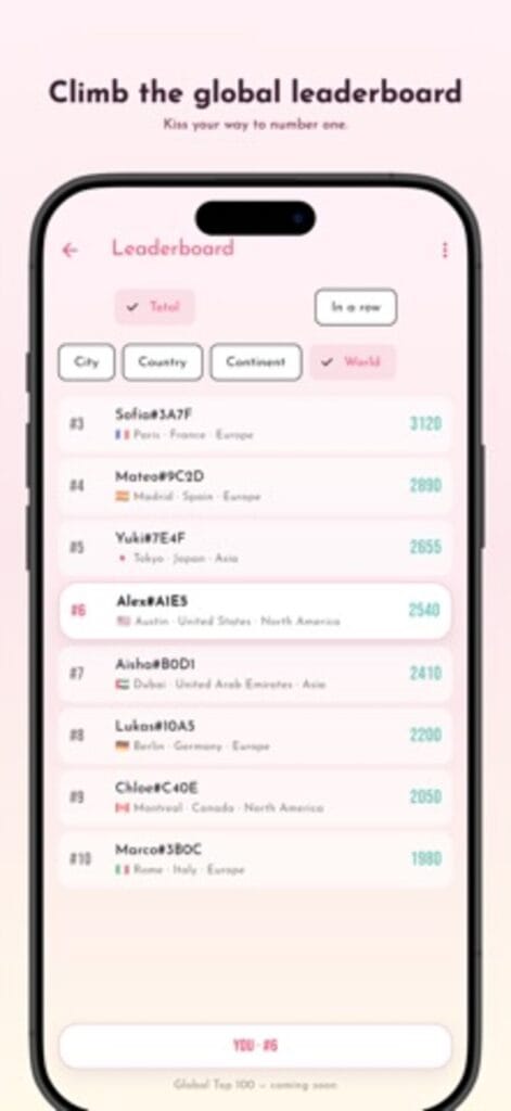 Kiss Counter global leaderboard on iPhone, ranking players by total with their city and country