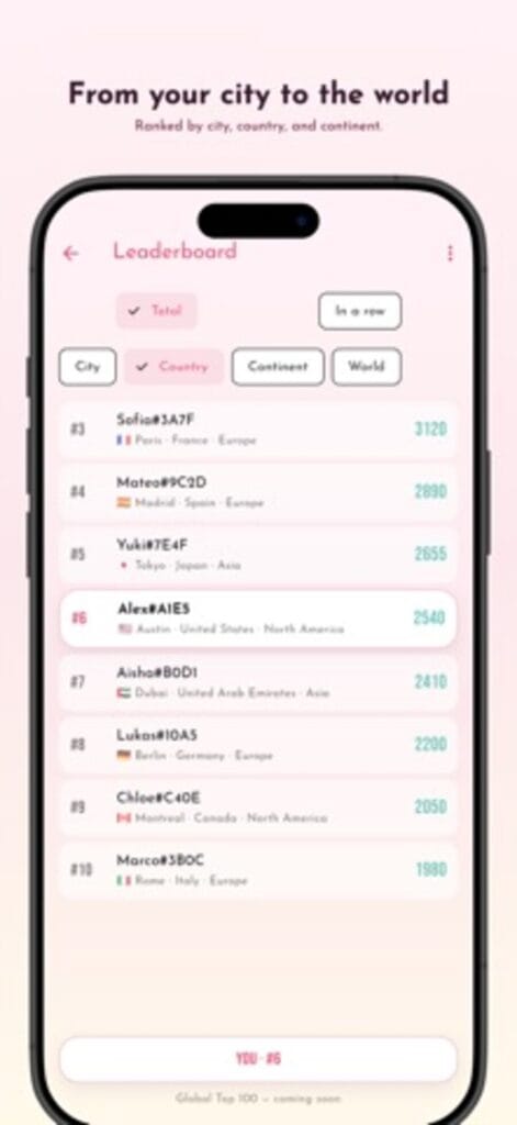 Kiss Counter leaderboard on iPhone filtered by country