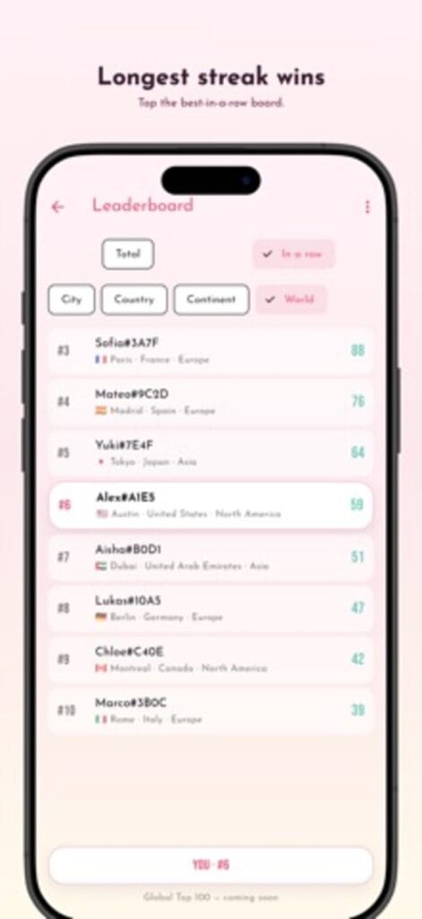 Kiss Counter leaderboard on iPhone ranked by longest streak in a row