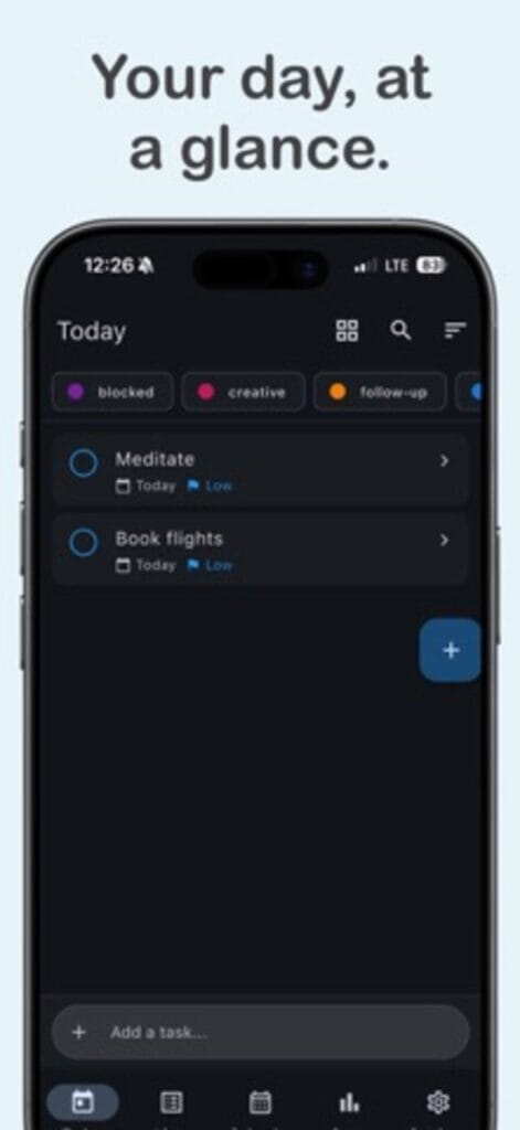Lodgr today view on iPhone, listing tasks with colour coded tags and priorities