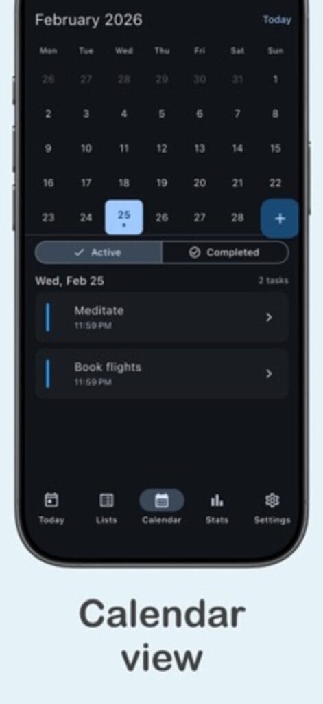 Lodgr calendar view on iPhone for February 2026, with active and completed tabs and two tasks on the selected day
