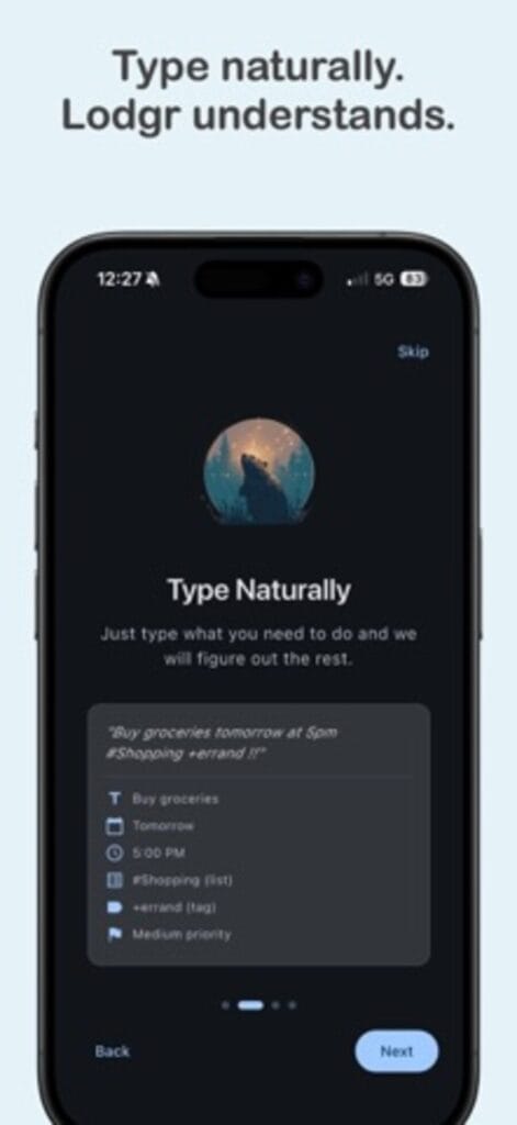 Lodgr natural language input on iPhone, parsing a typed sentence into a task, date, time, list, tag and priority