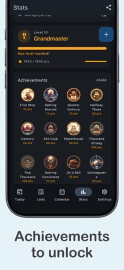 Lodgr stats screen on iPhone, showing level 10 Grandmaster and a grid of unlocked achievements