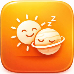 Mood Tracker app icon, a smiling sun beside a sleeping planet on an orange background