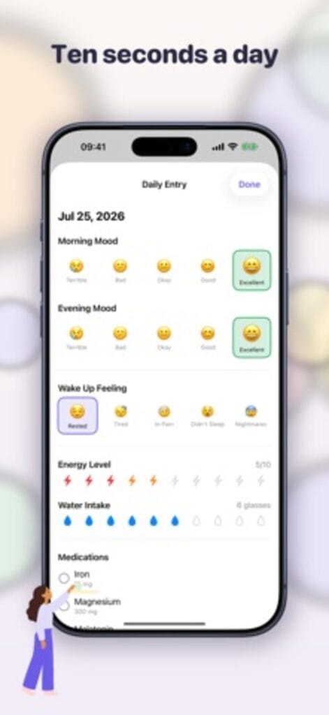 Mood Tracker daily entry on iPhone, rating morning and evening mood, wake up feeling, energy, water intake and medications