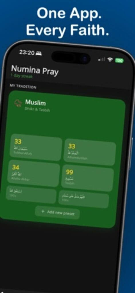 Numina Pray home screen on iPhone, showing Muslim dhikr and tasbih presets with their counts and a one day streak