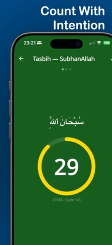 Numina Pray counter on iPhone, at 29 of 33 on a SubhanAllah tasbih cycle