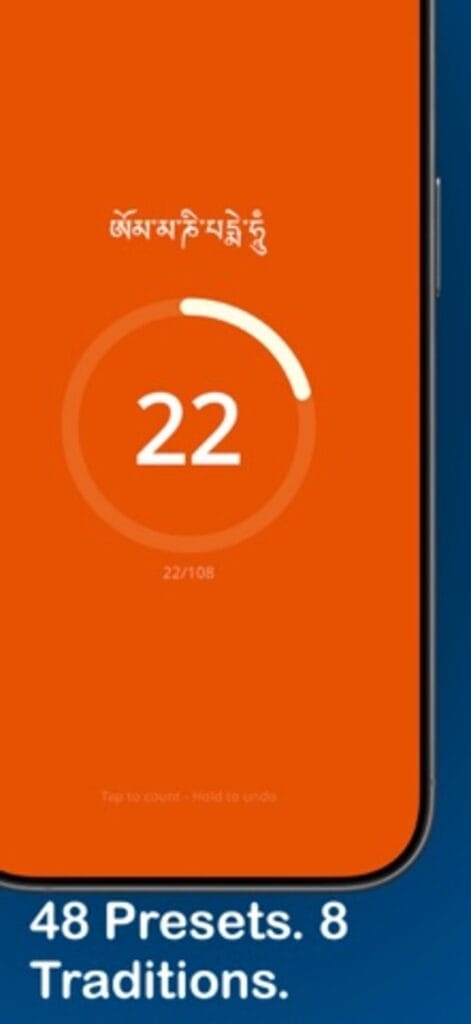 Numina Pray counter on iPhone showing a Tibetan mantra at 22 of 108